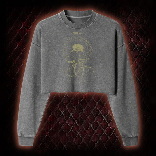 Cthulhu Mythos Skull-Tentacle Occult Washed Cropped Sweatshirt