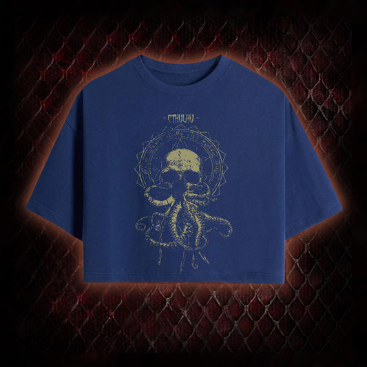 Cthulhu Mythos Skull-Tentacle Occult Washed Cropped T-shirt