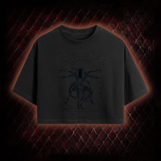Black Alien Vitruvian Creature Graphic Cropped T-shirt - Sci-Fi Horror Icon Tribute Piece