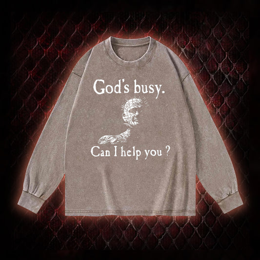 God's Busy Can I Help You? Washed Sweatshirt
