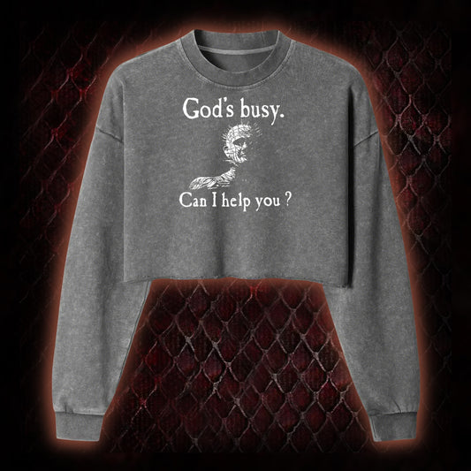 God's Busy Can I Help You? Washed Cropped Sweatshirt
