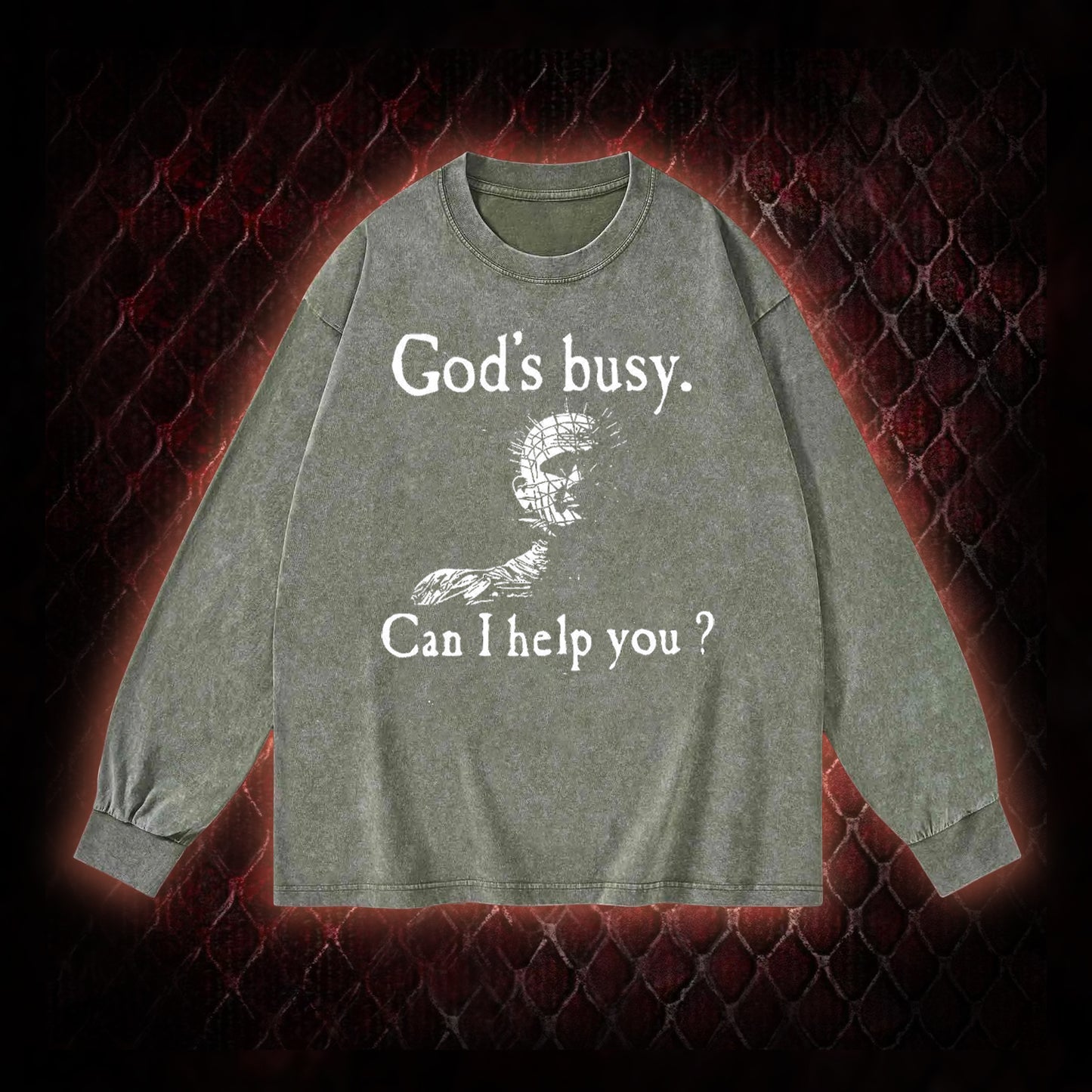 God's Busy Can I Help You? Washed Long-Sleeve T-shirt