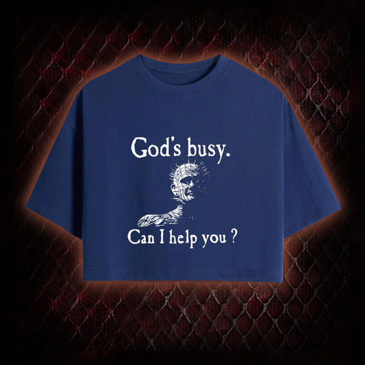 Hellraiser Pinhead 'God's Busy. Can I Help You?' Graphic Cropped T-shirt - Cult Horror Dark Humor Statement Piece