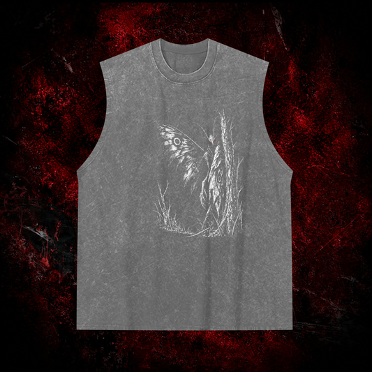 Forest Winged Watcher Vintage Washed Tank Top in Gray, front view