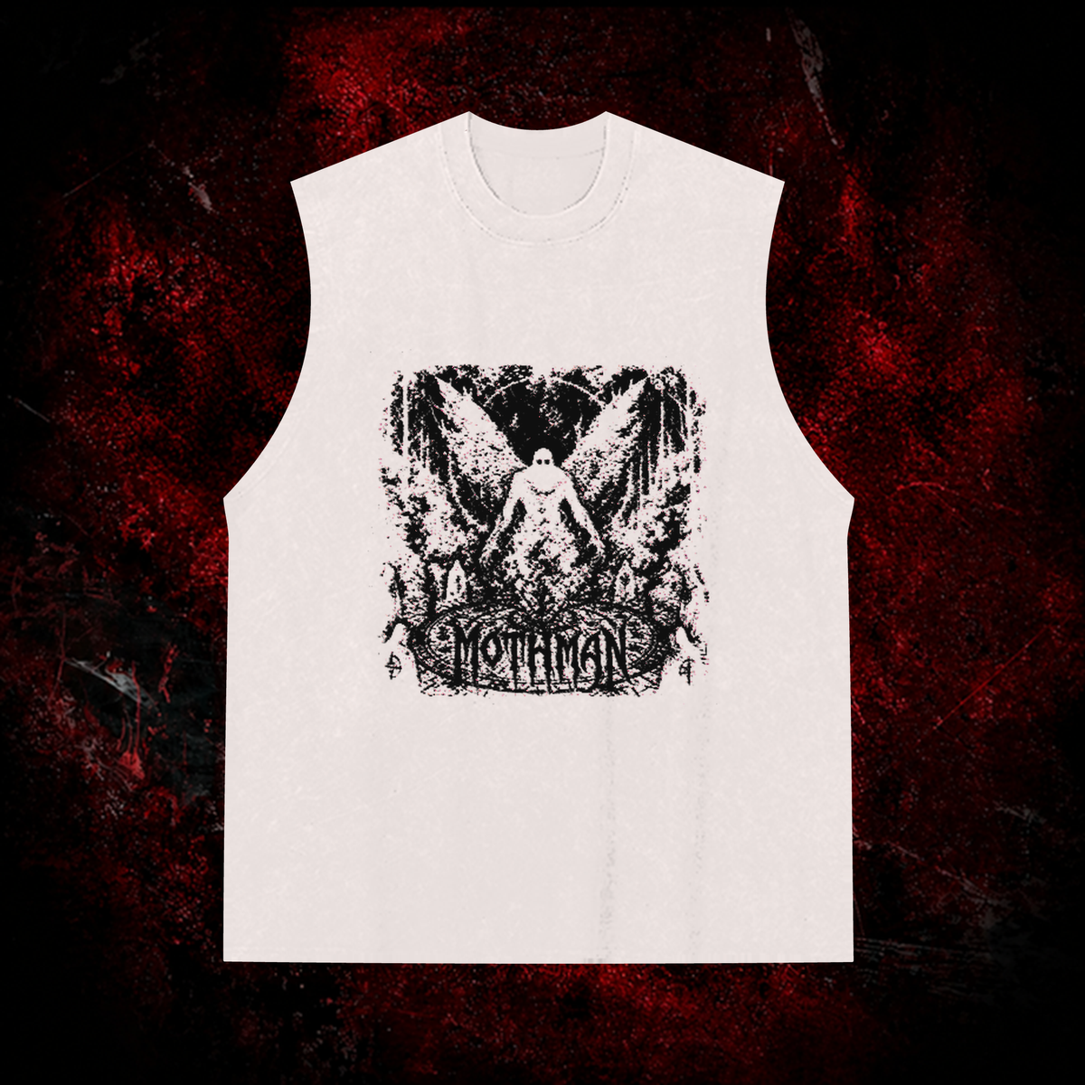 Mothman Glitch Art Vintage Washed Tank Top in White with black print, front view