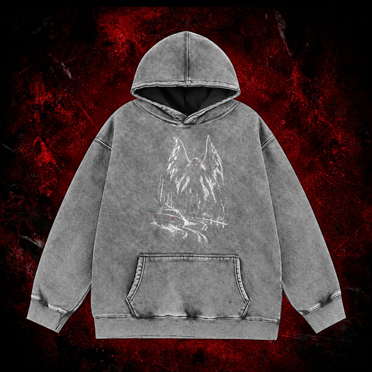Roadside Winged Omen Vintage Washed Hoodie in Gray, front view