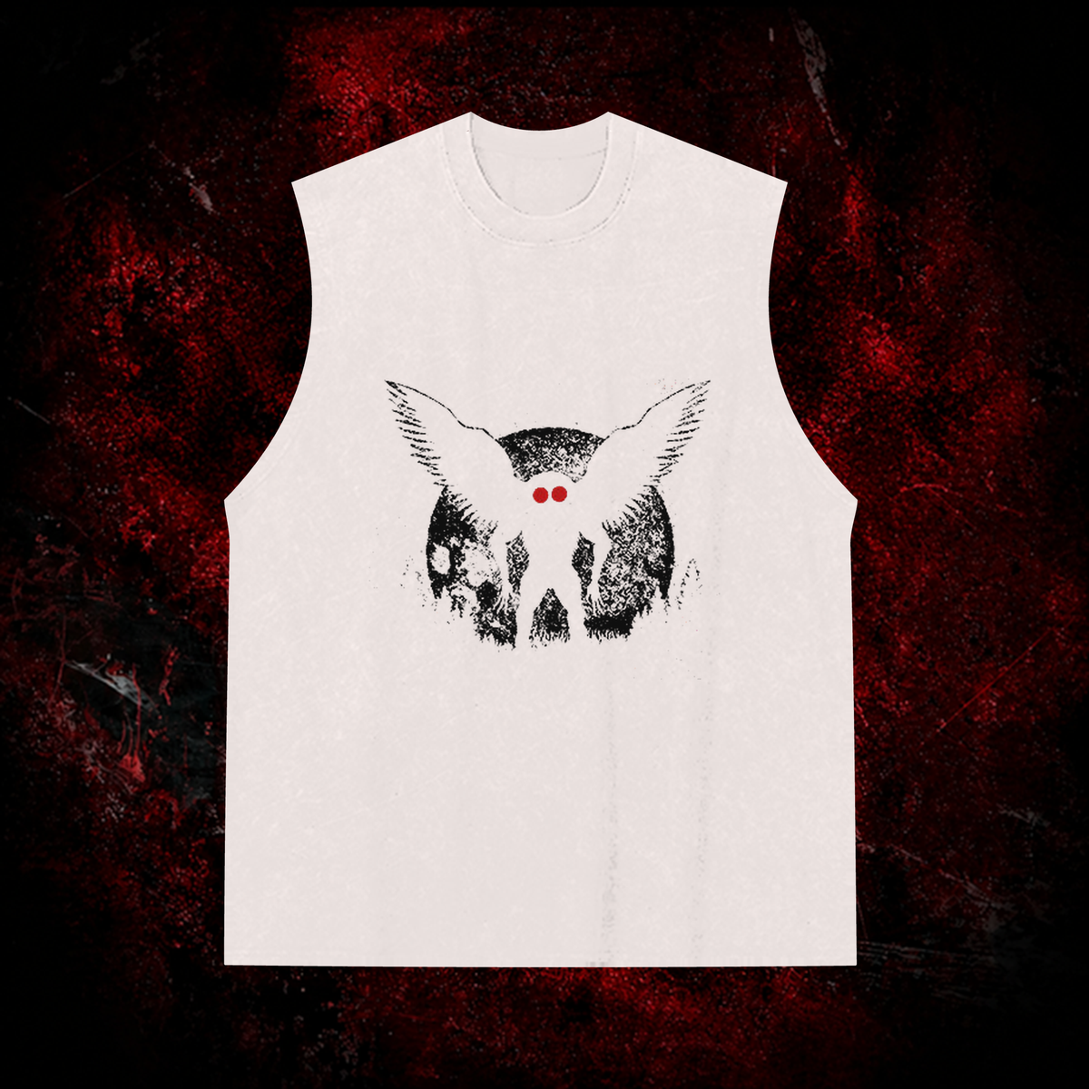 Void Mothman Vintage Washed Tank Top in White with black print, front view