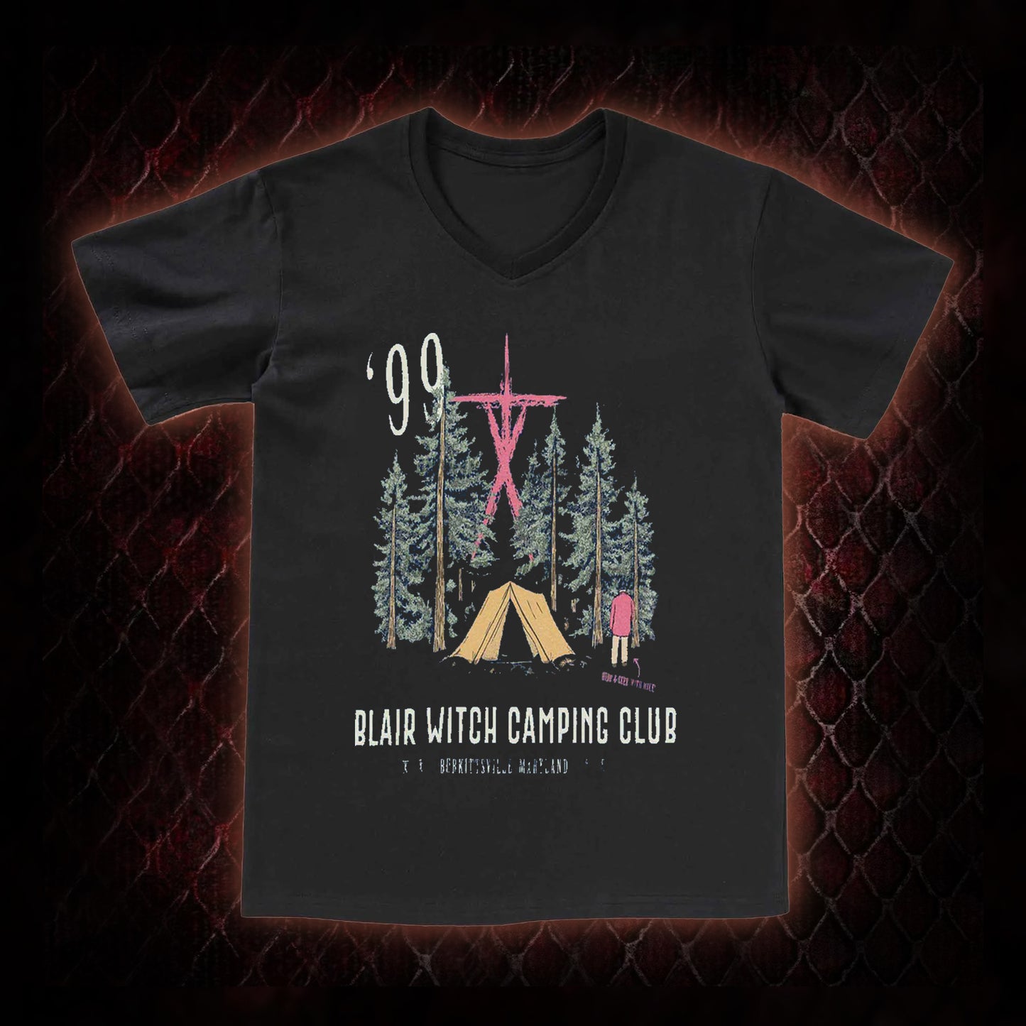 1999 Blair Witch Camping Club Horror Graphic V-Neck T-Shirt - The Blair Witch Project Tribute Piece