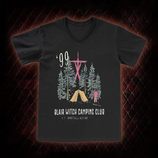1999 Blair Witch Camping Club Horror Graphic V-Neck T-Shirt - The Blair Witch Project Tribute Piece
