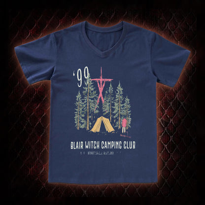 1999 Blair Witch Camping Club Horror Graphic V-Neck T-Shirt - The Blair Witch Project Tribute Piece