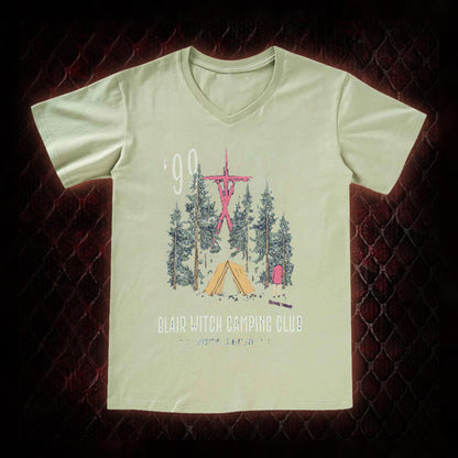 1999 Blair Witch Camping Club Horror Graphic V-Neck T-Shirt - The Blair Witch Project Tribute Piece