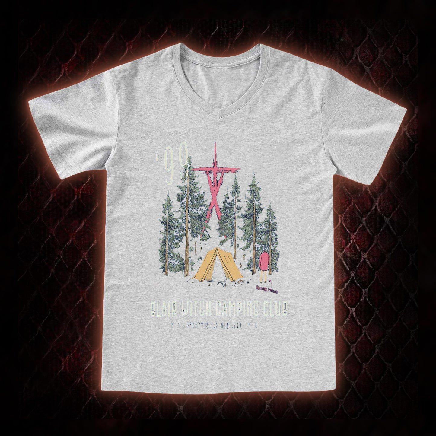 1999 Blair Witch Camping Club Horror Graphic V-Neck T-Shirt - The Blair Witch Project Tribute Piece