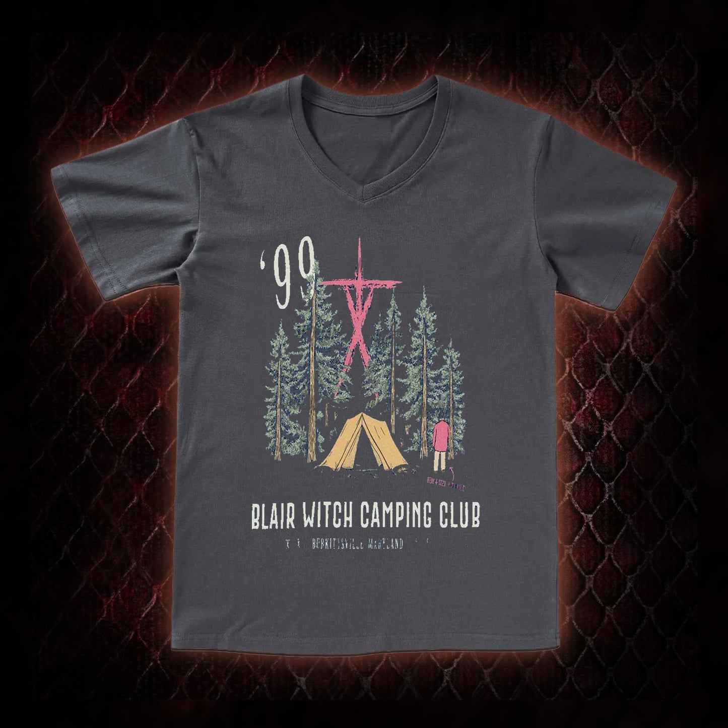 1999 Blair Witch Camping Club Horror Graphic V-Neck T-Shirt - The Blair Witch Project Tribute Piece