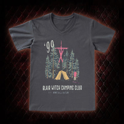 1999 Blair Witch Camping Club Horror Graphic V-Neck T-Shirt - The Blair Witch Project Tribute Piece