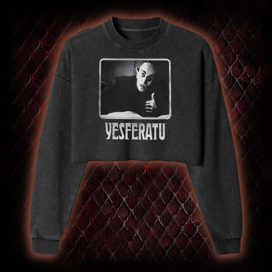 Yesferatu Funny Horror Retro Washed Cropped Sweatshirt