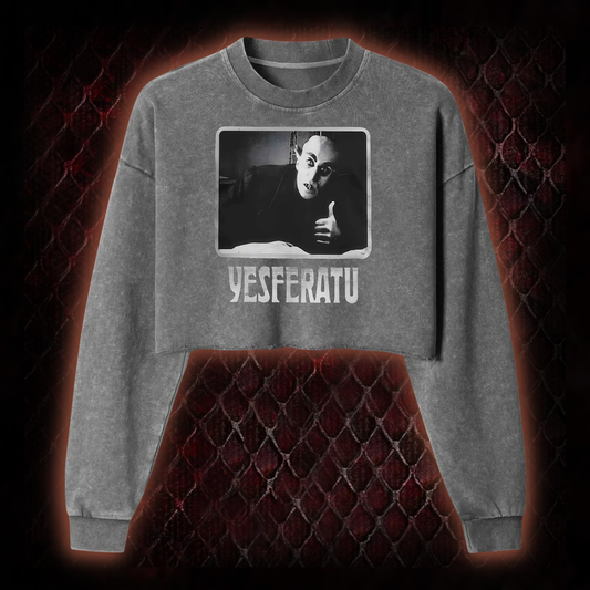 Yesferatu Funny Horror Retro Washed Cropped Sweatshirt