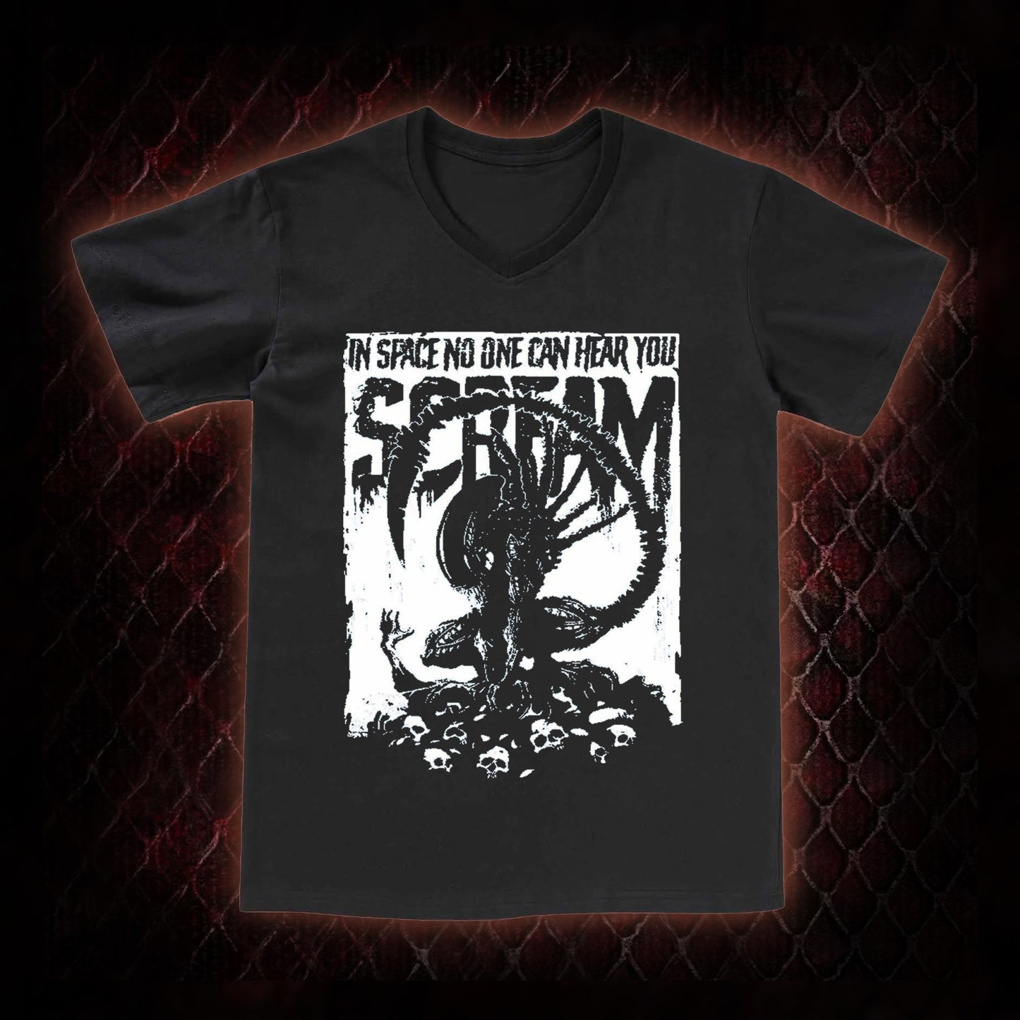 Alien 'In Space No One Can Hear You Scream' Xenomorph Graphic V-Neck T-Shirt - Sci-Fi Horror Franchise Tribute Piece