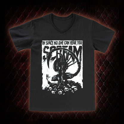 Alien 'In Space No One Can Hear You Scream' Xenomorph Graphic V-Neck T-Shirt - Sci-Fi Horror Franchise Tribute Piece