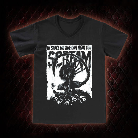 Alien 'In Space No One Can Hear You Scream' Xenomorph Graphic V-Neck T-Shirt - Sci-Fi Horror Franchise Tribute Piece