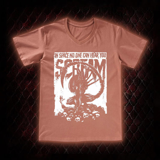 Alien 'In Space No One Can Hear You Scream' Xenomorph Graphic V-Neck T-Shirt - Sci-Fi Horror Franchise Tribute Piece