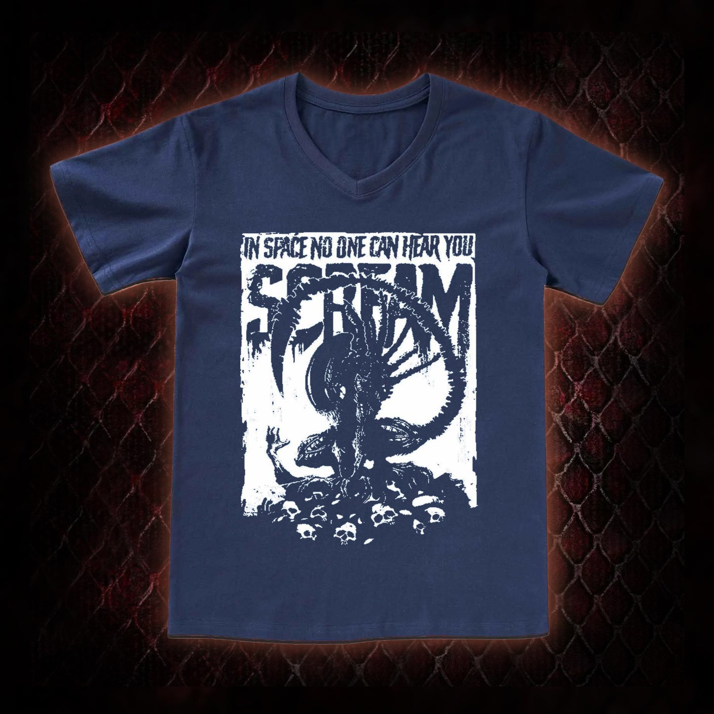 Alien 'In Space No One Can Hear You Scream' Xenomorph Graphic V-Neck T-Shirt - Sci-Fi Horror Franchise Tribute Piece