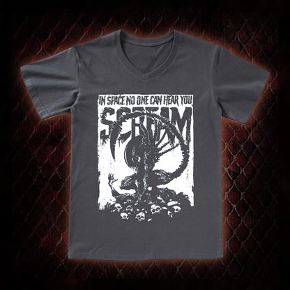 Alien 'In Space No One Can Hear You Scream' Xenomorph Graphic V-Neck T-Shirt - Sci-Fi Horror Franchise Tribute Piece