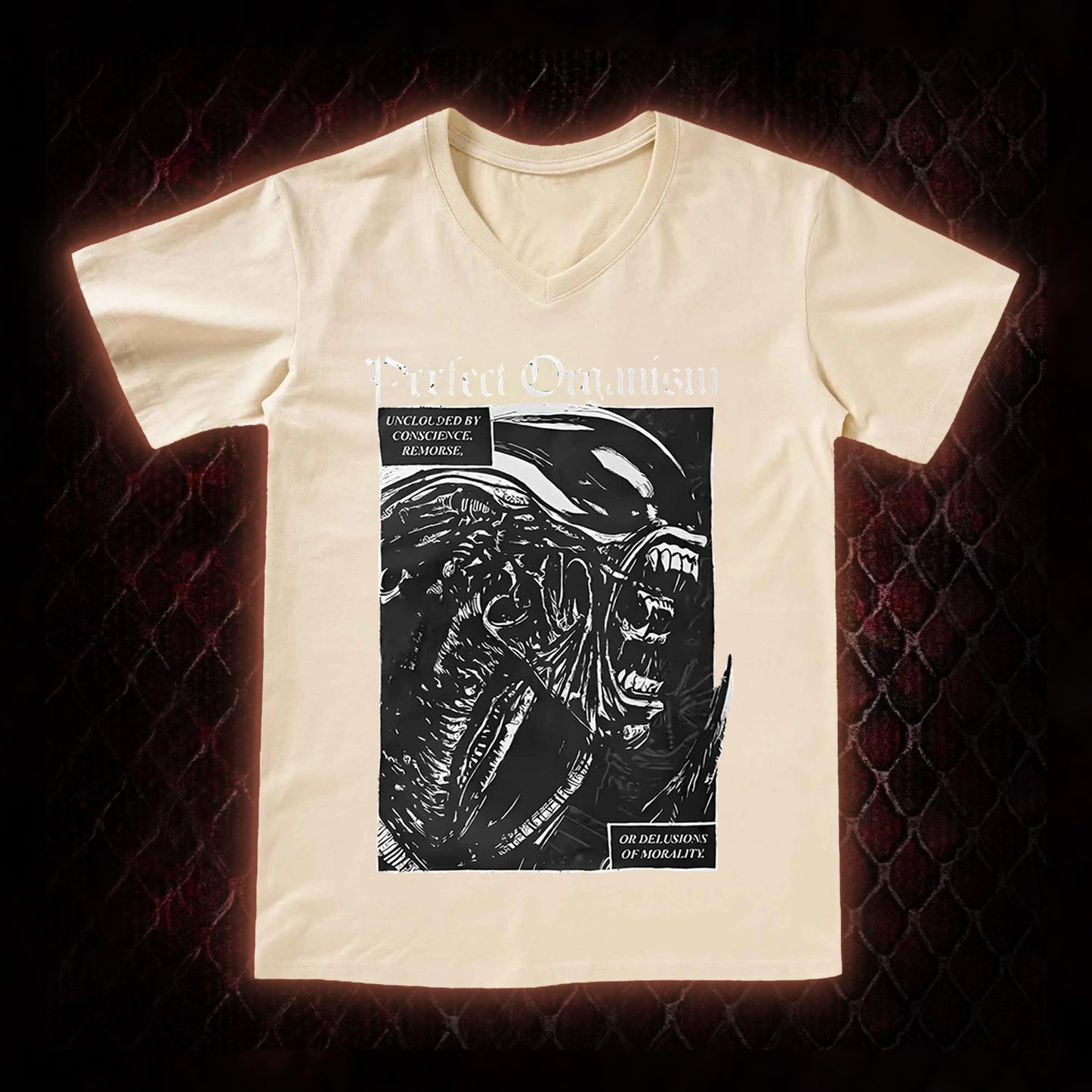 Alien 'Perfect Organism' Xenomorph Graphic V-Neck T-Shirt - Sci-Fi Horror Franchise Icon Tribute Piece