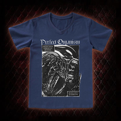 Alien 'Perfect Organism' Xenomorph Graphic V-Neck T-Shirt - Sci-Fi Horror Franchise Icon Tribute Piece