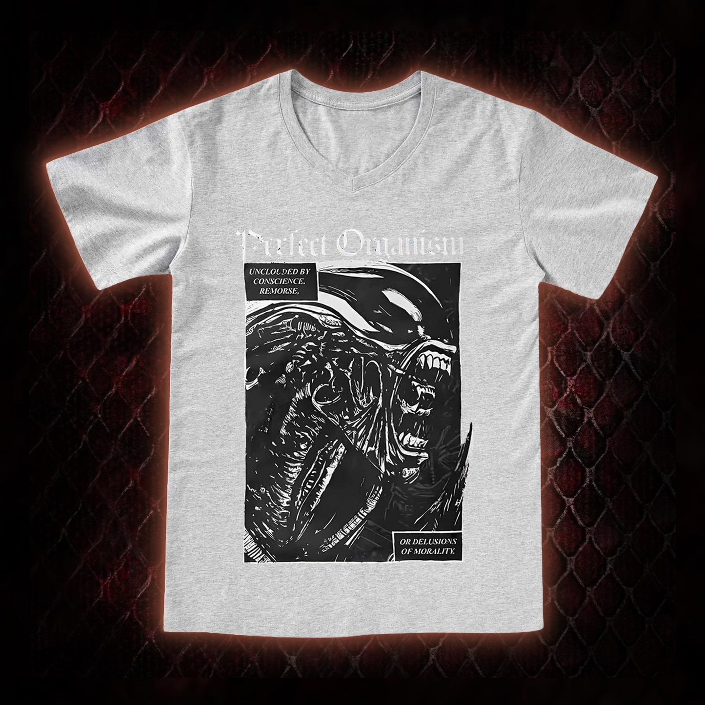 Alien 'Perfect Organism' Xenomorph Graphic V-Neck T-Shirt - Sci-Fi Horror Franchise Icon Tribute Piece