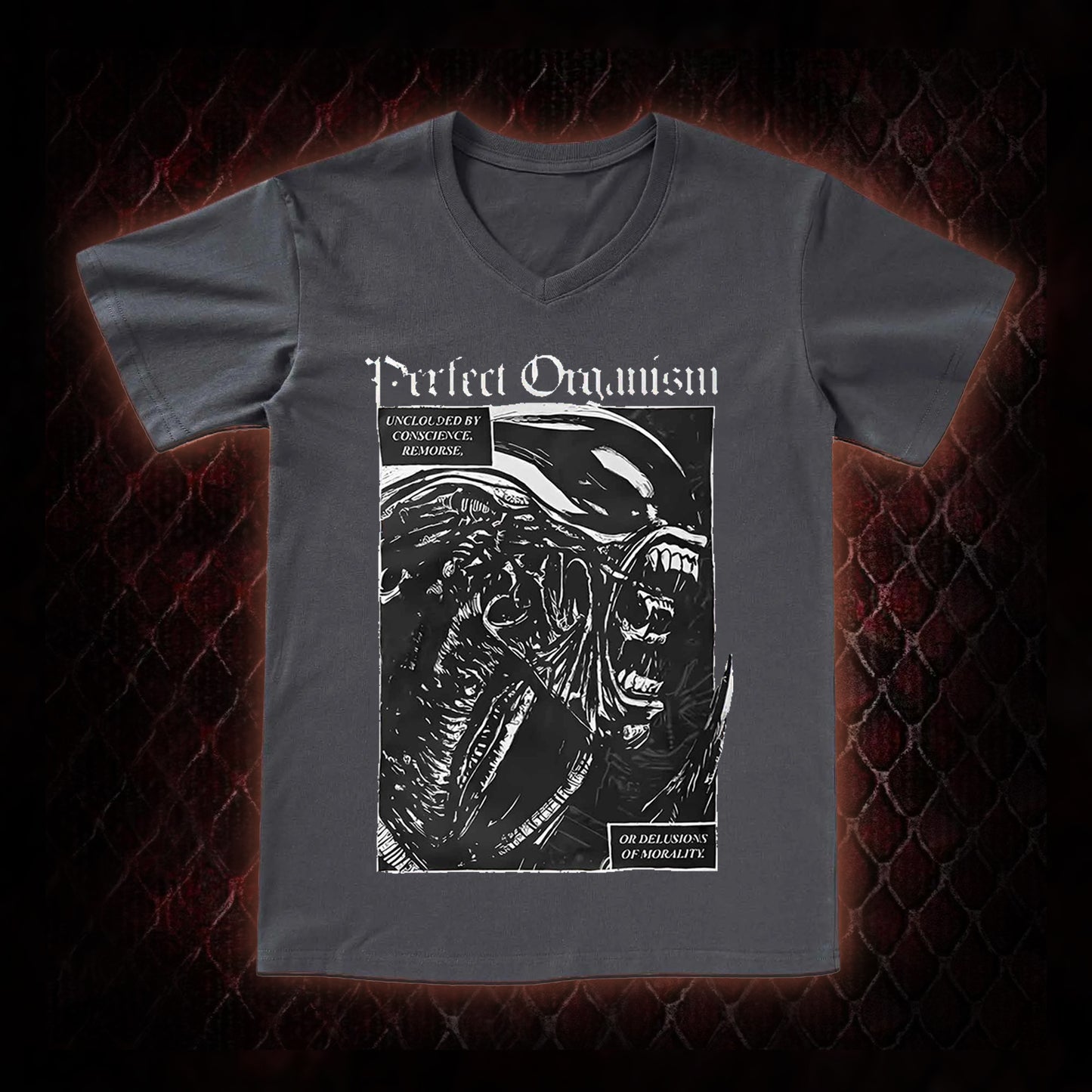 Alien 'Perfect Organism' Xenomorph Graphic V-Neck T-Shirt - Sci-Fi Horror Franchise Icon Tribute Piece