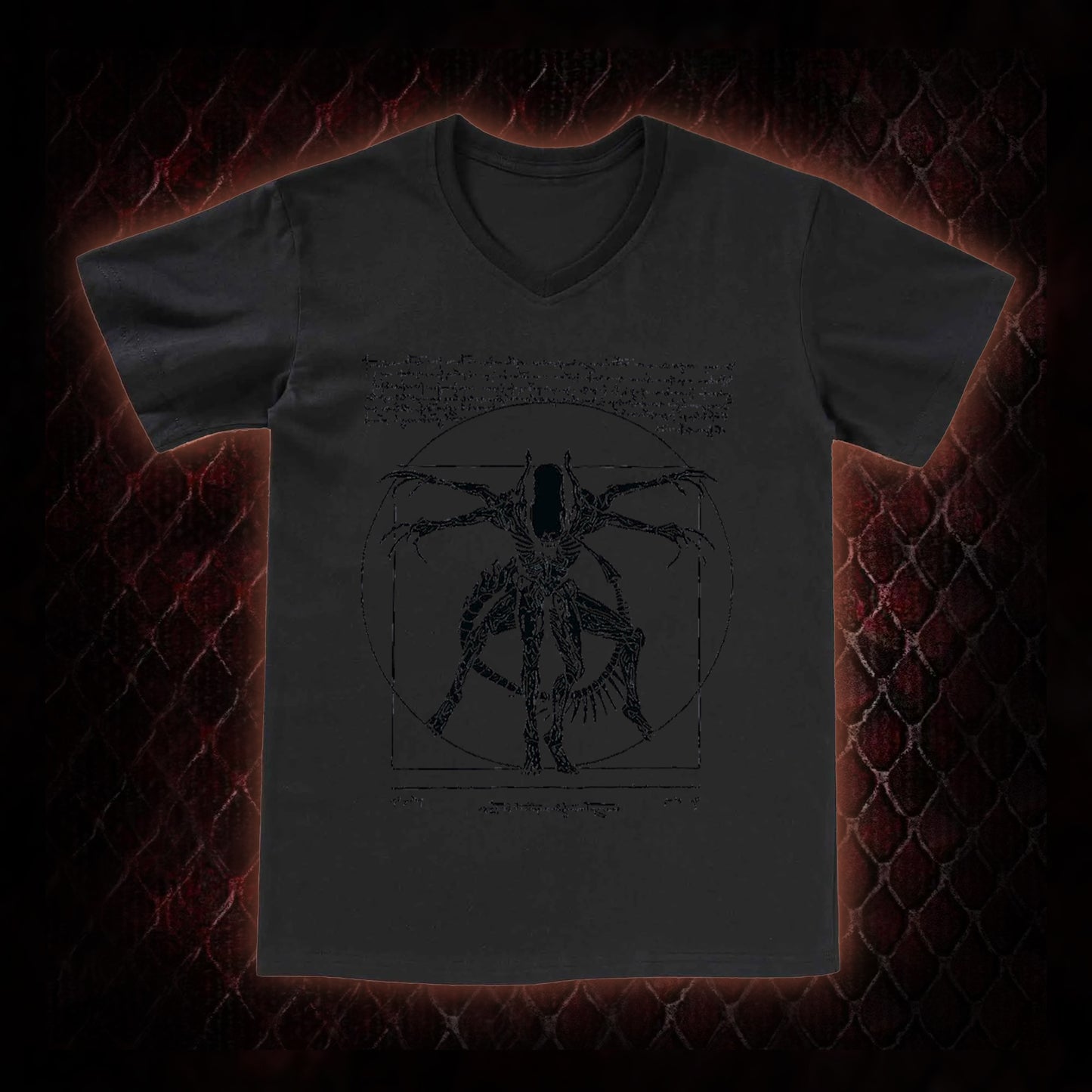 Black Alien Vitruvian Creature Graphic V-Neck T-Shirt - Sci-Fi Horror Icon Tribute Piece