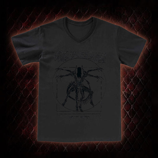 Black Alien Vitruvian Creature Graphic V-Neck T-Shirt - Sci-Fi Horror Icon Tribute Piece