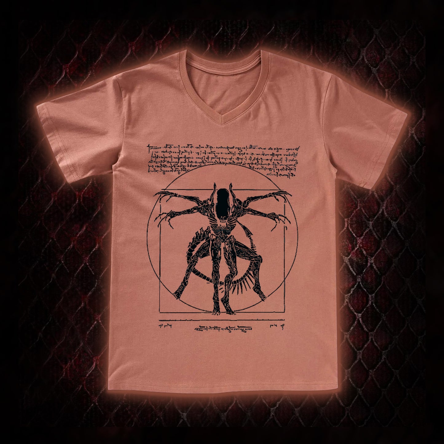 Black Alien Vitruvian Creature Graphic V-Neck T-Shirt - Sci-Fi Horror Icon Tribute Piece