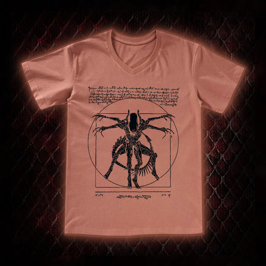 Black Alien Vitruvian Creature Graphic V-Neck T-Shirt - Sci-Fi Horror Icon Tribute Piece