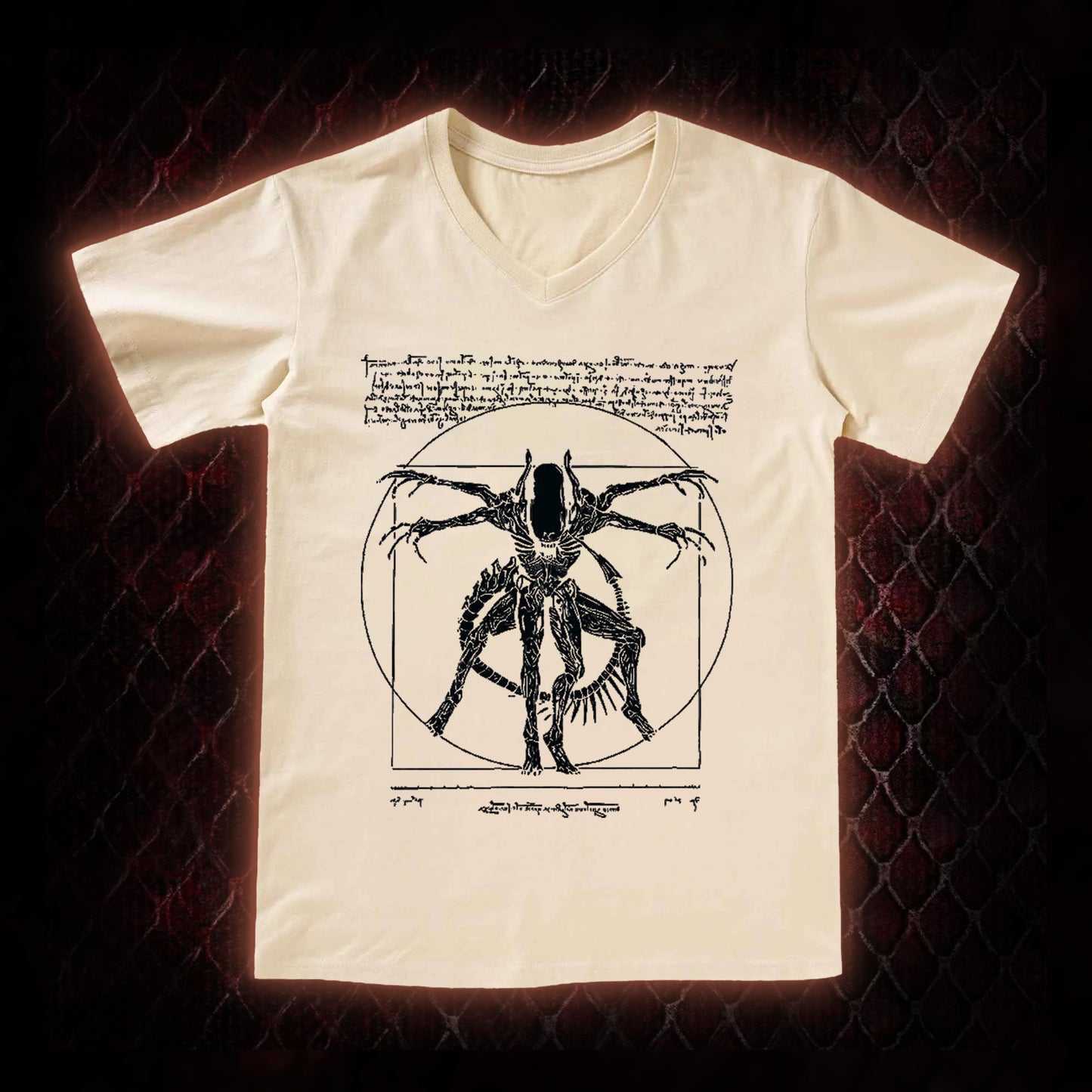 Black Alien Vitruvian Creature Graphic V-Neck T-Shirt - Sci-Fi Horror Icon Tribute Piece