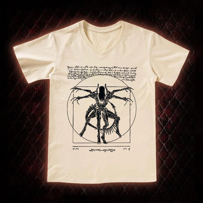 Black Alien Vitruvian Creature Graphic V-Neck T-Shirt - Sci-Fi Horror Icon Tribute Piece