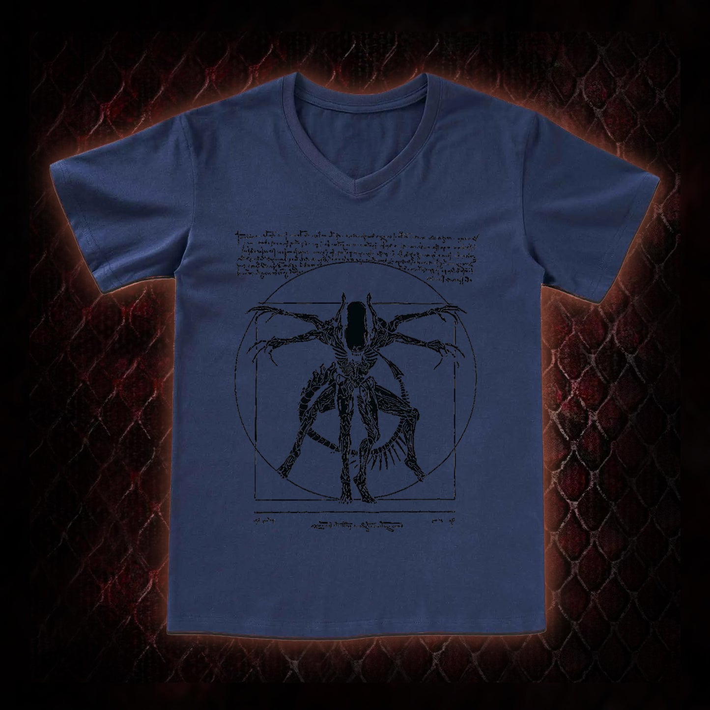 Black Alien Vitruvian Creature Graphic V-Neck T-Shirt - Sci-Fi Horror Icon Tribute Piece