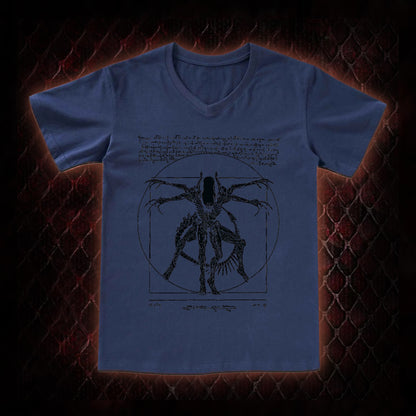Black Alien Vitruvian Creature Graphic V-Neck T-Shirt - Sci-Fi Horror Icon Tribute Piece
