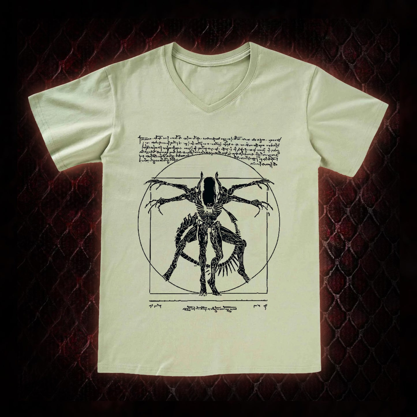 Black Alien Vitruvian Creature Graphic V-Neck T-Shirt - Sci-Fi Horror Icon Tribute Piece