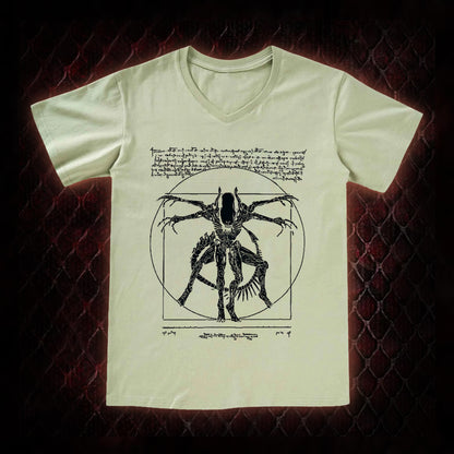 Black Alien Vitruvian Creature Graphic V-Neck T-Shirt - Sci-Fi Horror Icon Tribute Piece