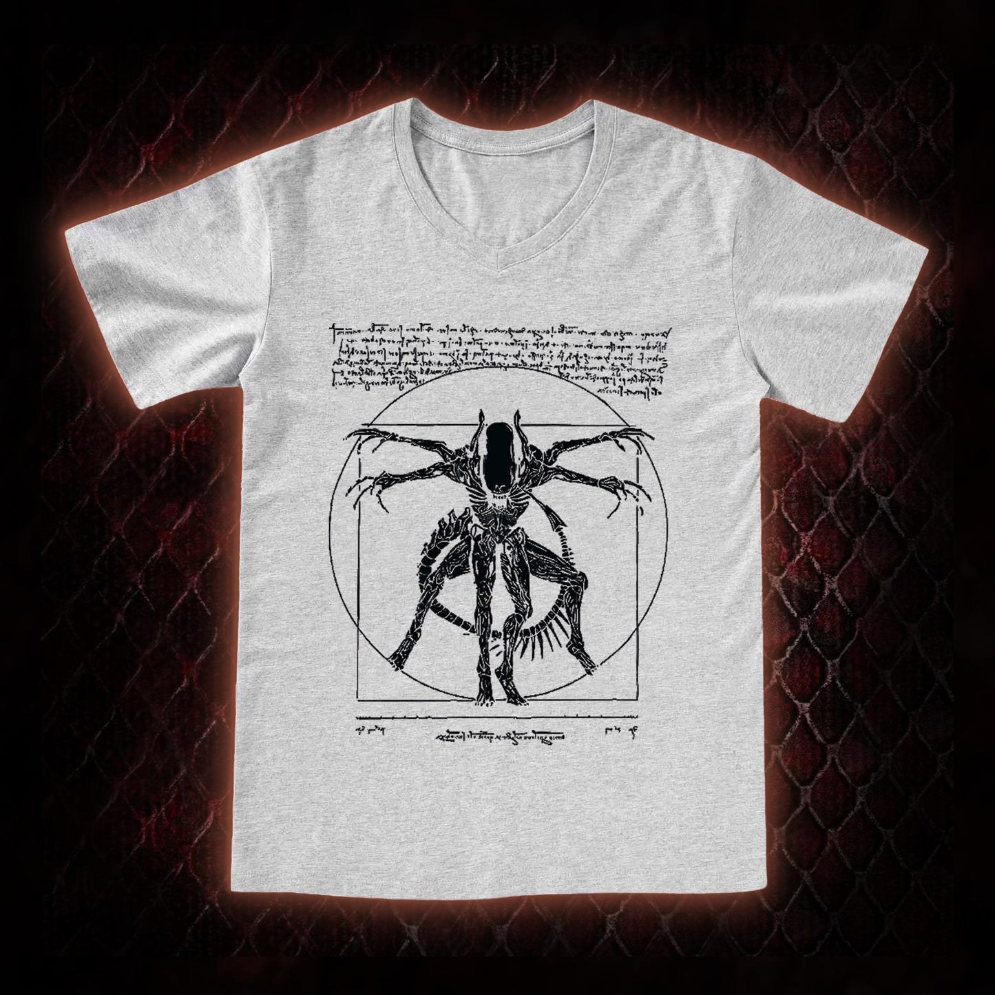 Black Alien Vitruvian Creature Graphic V-Neck T-Shirt - Sci-Fi Horror Icon Tribute Piece