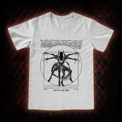 Black Alien Vitruvian Creature Graphic V-Neck T-Shirt - Sci-Fi Horror Icon Tribute Piece