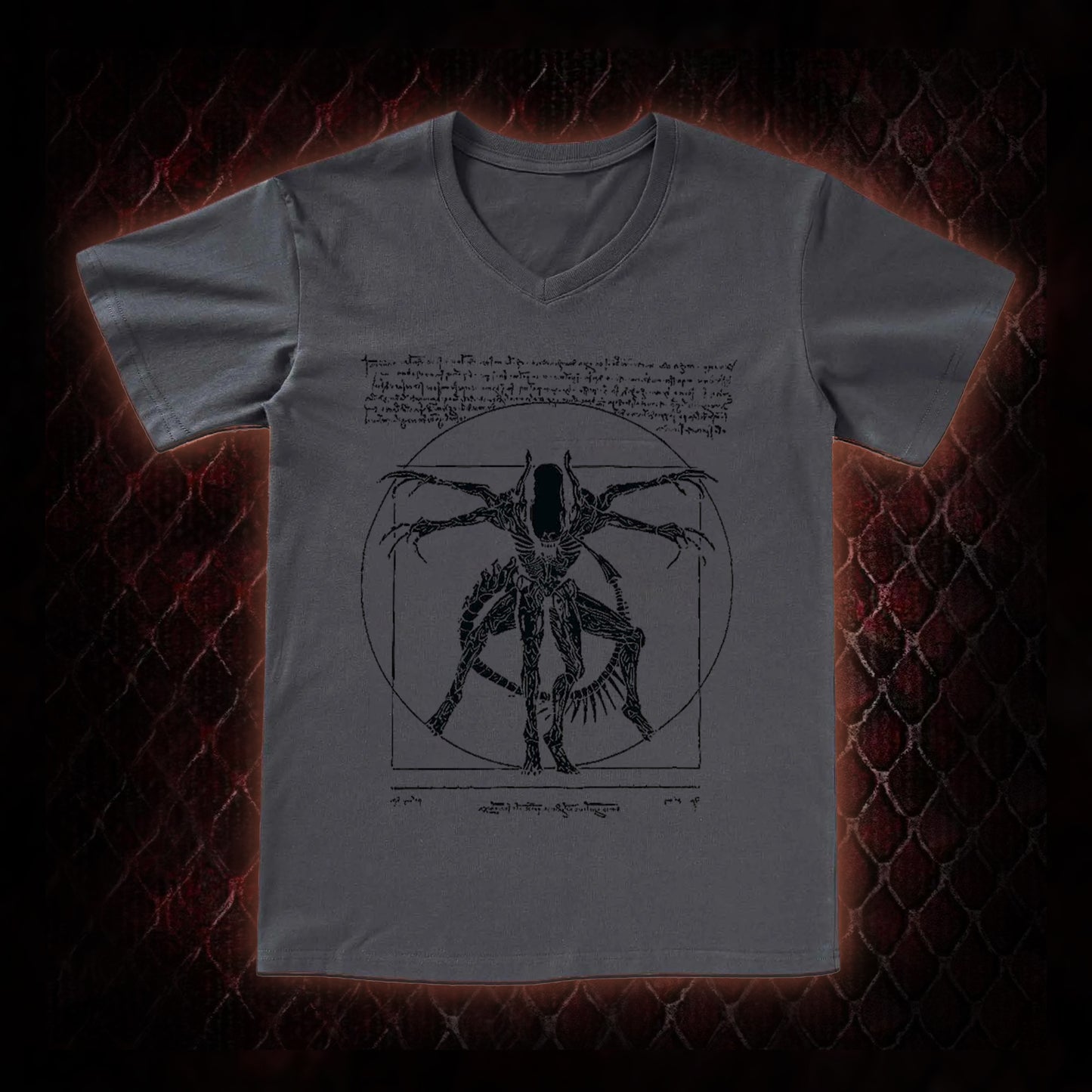 Black Alien Vitruvian Creature Graphic V-Neck T-Shirt - Sci-Fi Horror Icon Tribute Piece