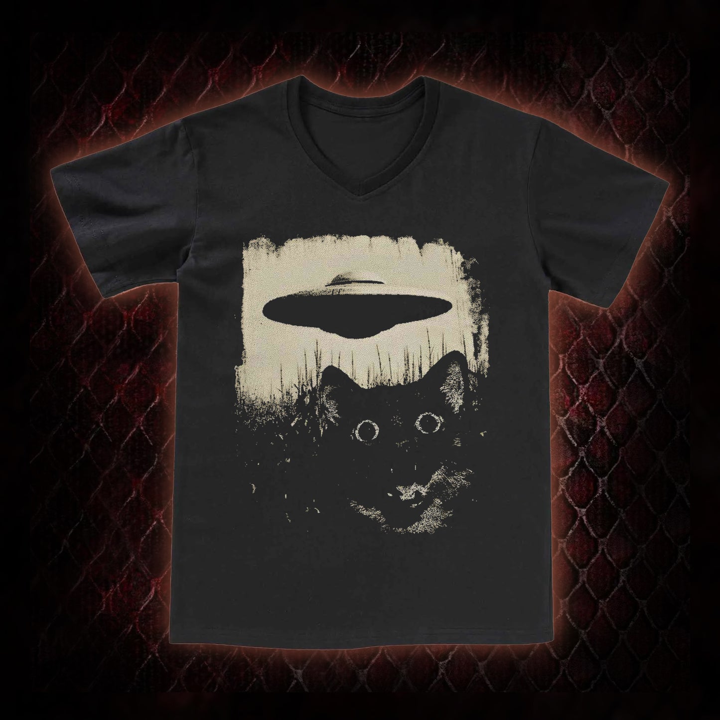 Cryptid Black Cat & UFO Retro Horror Graphic V-Neck T-Shirt - Weird Fiction Aesthetic Statement Piece