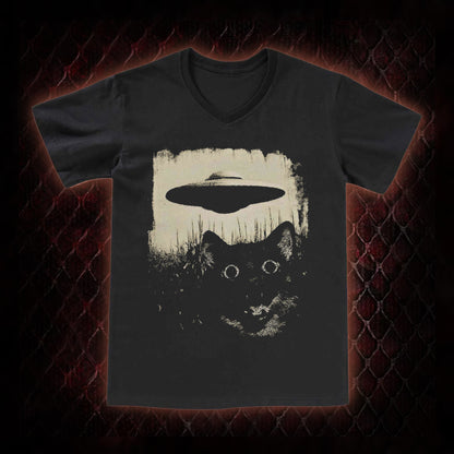 Cryptid Black Cat & UFO Retro Horror Graphic V-Neck T-Shirt - Weird Fiction Aesthetic Statement Piece