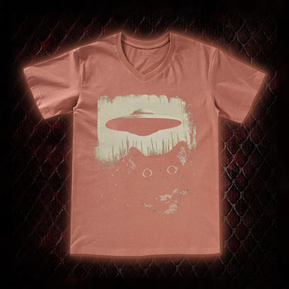 Cryptid Black Cat & UFO Retro Horror Graphic V-Neck T-Shirt - Weird Fiction Aesthetic Statement Piece
