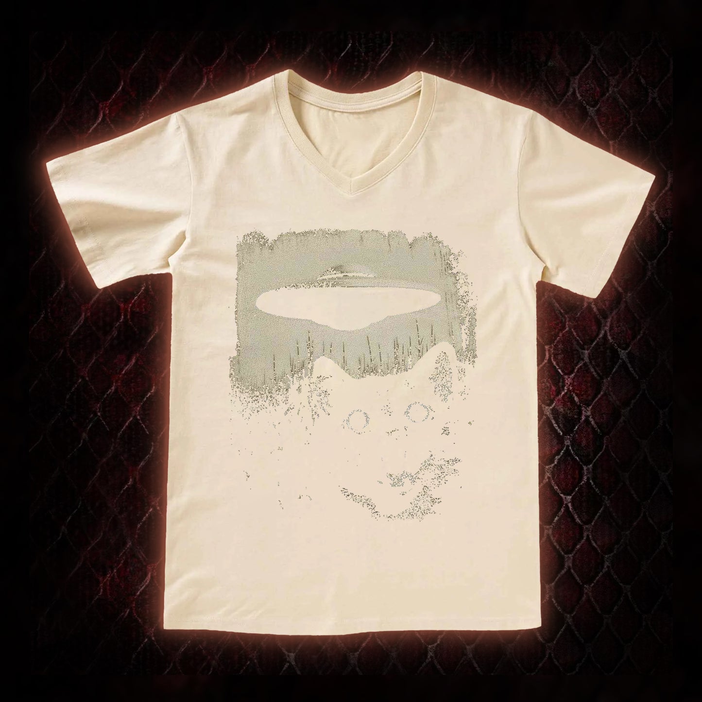 Cryptid Black Cat & UFO Retro Horror Graphic V-Neck T-Shirt - Weird Fiction Aesthetic Statement Piece