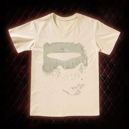 Cryptid Black Cat & UFO Retro Horror Graphic V-Neck T-Shirt - Weird Fiction Aesthetic Statement Piece