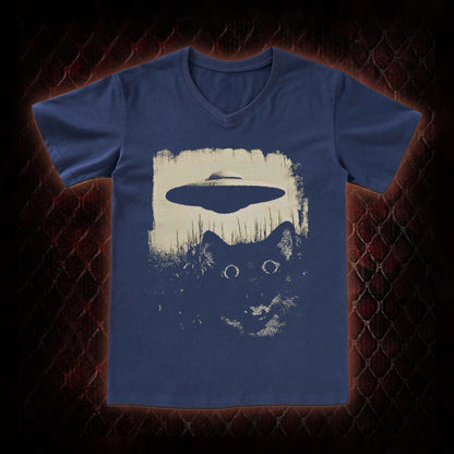 Cryptid Black Cat & UFO Retro Horror Graphic V-Neck T-Shirt - Weird Fiction Aesthetic Statement Piece