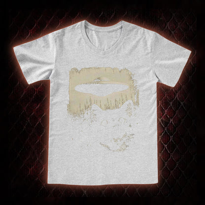 Cryptid Black Cat & UFO Retro Horror Graphic V-Neck T-Shirt - Weird Fiction Aesthetic Statement Piece